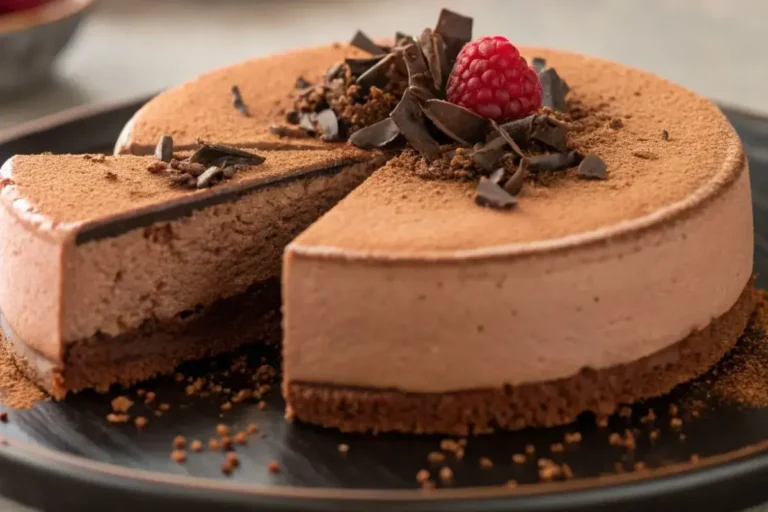 Gâteau mousse au chocolat avec une texture lisse et fondante, décoré de copeaux de chocolat et de framboises sur une assiette élégante.