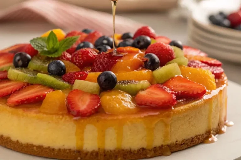Dernière étape du gâteau salade de fruits : un filet de miel ou de glaçage brillant appliqué sur les fruits colorés.