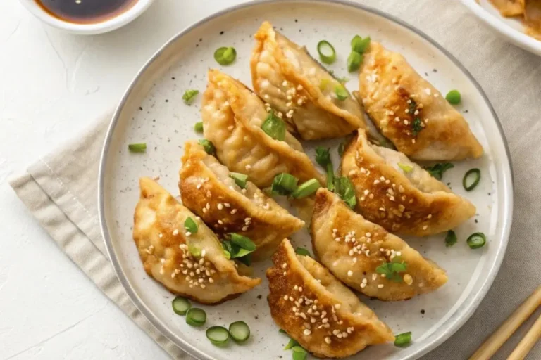 Gyoza dorés et croustillants farcis au poulet, garnis de graines de sésame et d'oignons verts, servis avec une sauce d'accompagnement.