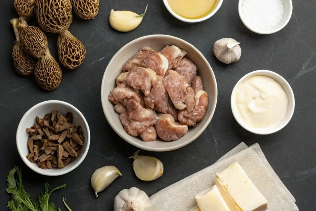 Ris de veau frais, morilles, ail, échalotes, beurre, crème épaisse et vin blanc disposés sur un plan de travail de cuisine, prêts à être cuisinés.