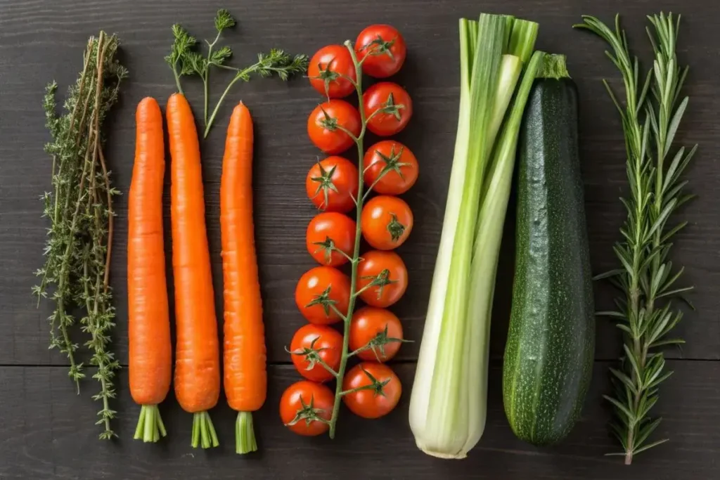 Assortiment d'ingrédients frais pour soupe, comprenant des carottes, des poireaux, des tomates, du céleri et de la courgette, disposés sur une surface en bois sombre avec des herbes comme le thym et le romarin.
