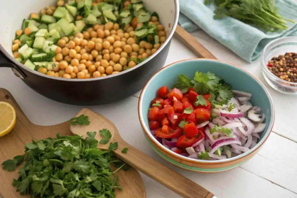 Ingrédients de la salade de pois chiches libanaise disposés sur une table noire, incluant des pois chiches, des légumes frais comme des tomates, du concombre, de l'oignon rouge, des herbes fraîches, de l'huile d'olive, des citrons et des épices comme le cumin.