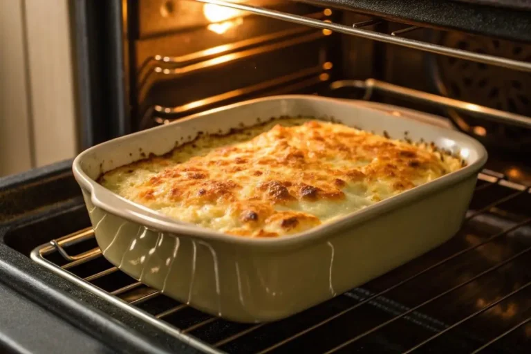 Gratin de ravioles en train de cuire dans le four, avec du fromage doré et une sauce crémeuse qui bout sur les bords.