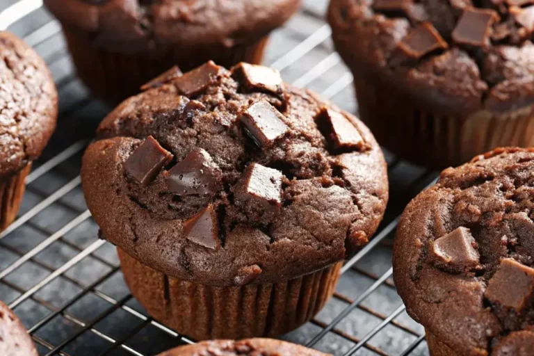 Plateau de muffins chocolat moelleux avec un cœur fondant, joliment disposés sur une table en bois, éclairés par une lumière naturelle chaleureuse.