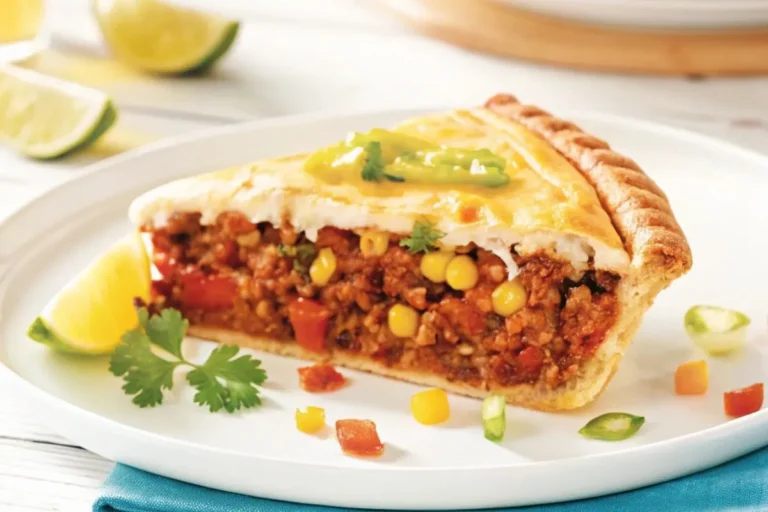 Pâté mexicain doré et croustillant coupé en parts, avec une garniture de bœuf haché, poivrons, maïs et fromage fondu, présenté sur une assiette blanche.