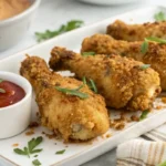 Pilons de Poulet Air Fryer croustillants et dorés, servis sur une assiette noire avec des herbes fraîches et une sauce d'accompagnement.