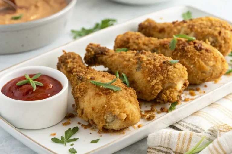 Pilons de Poulet Air Fryer croustillants et dorés, servis sur une assiette noire avec des herbes fraîches et une sauce d'accompagnement.