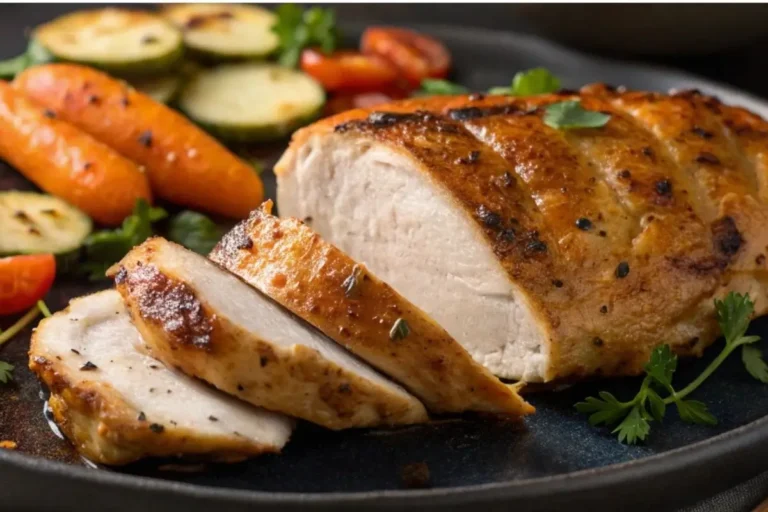 Deux poitrines de poulet grillées à l’Air Fryer, accompagnées de frites de patate douce et d’une salade verte, servies sur une assiette noire avec un décor rustique.