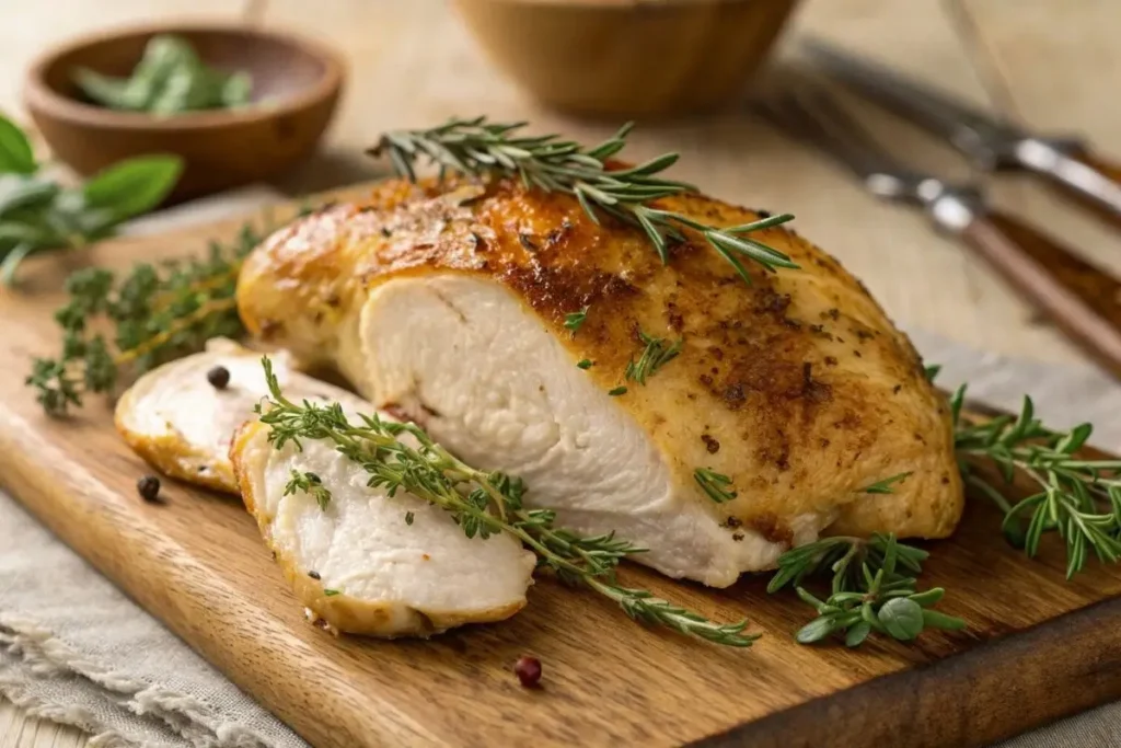 Poitrine de poulet au four fraîchement cuite reposant sur une planche en bois, couverte de papier aluminium, avec des légumes rôtis et un verre de vin en arrière-plan.