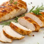 Poitrine de poulet dorée et juteuse avec des bords croustillants, garnie de romarin et thym frais, placée sur une planche en bois rustique.
