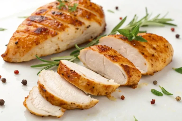Poitrine de poulet dorée et juteuse avec des bords croustillants, garnie de romarin et thym frais, placée sur une planche en bois rustique.