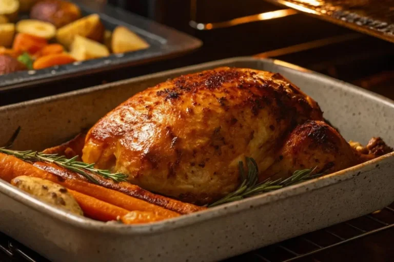 Poitrine de Poulet au Four Tendre et Juteux en train de cuire avec une croûte dorée et des légumes rôtis comme des carottes et pommes de terre.