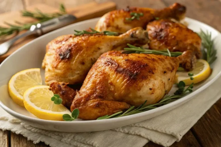 Poulet Mariné au Four doré et croustillant, garni de citron et herbes fraîches, servi sur une assiette blanche.