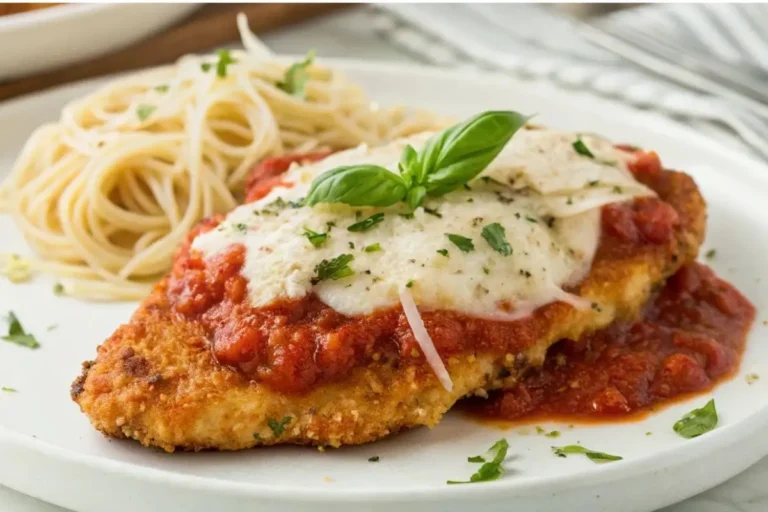 Assiette de Poulet Parmigiana doré avec sauce tomate, mozzarella fondue et parmesan râpé, servie avec des pâtes et une touche de basilic frais.