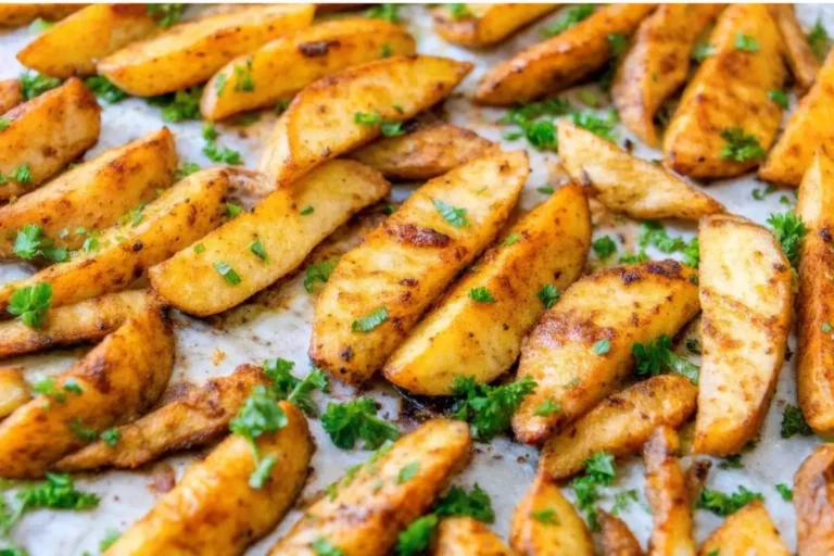 Pommes de terre assaisonnées sur une plaque de cuisson, prêtes à être enfournées, avec un filet d’huile d’olive et des épices visibles sur leur surface.