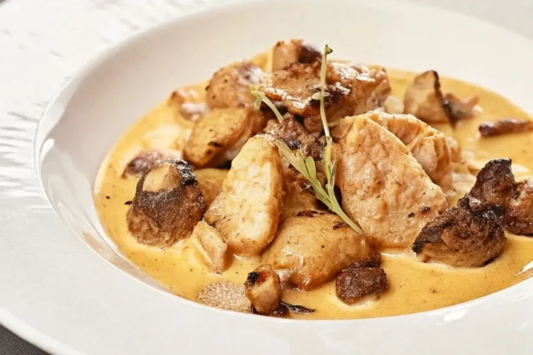 Un Ris de Veau aux Morilles joliment présenté avec des ris de veau tendres, des morilles et une sauce crémeuse, garni d'herbes fraîches.