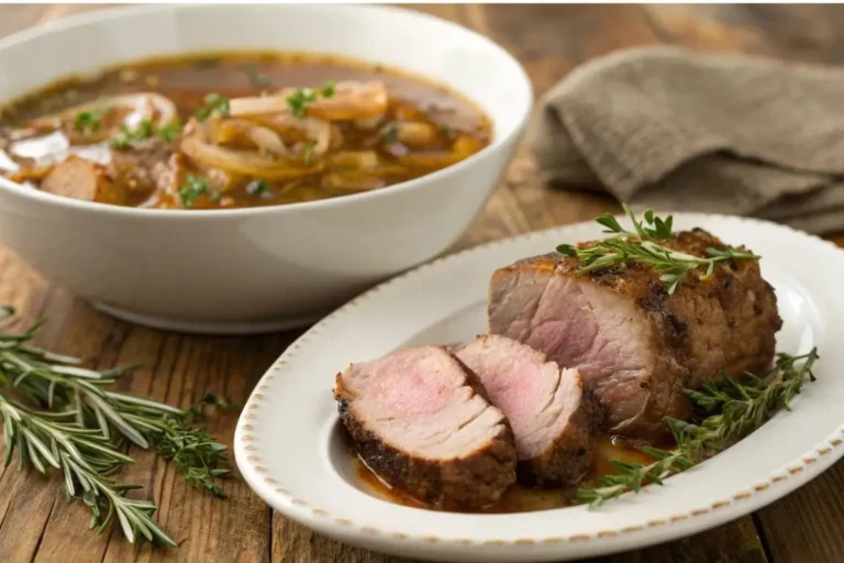 Rôti palette mijoteuse soupe oignon servi sur une assiette blanche, garni d'herbes fraîches et accompagné de bouillon sur un fond en bois rustique.