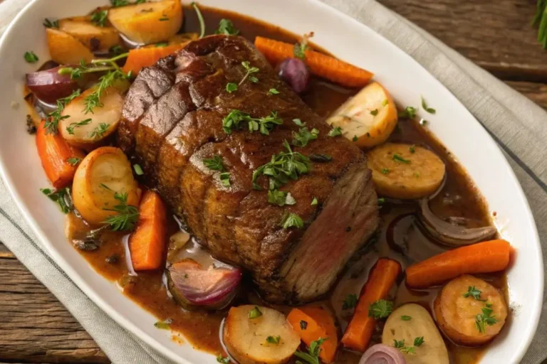 Un rôti de palette à la mijoteuse servi avec des légumes rôtis comme des carottes et des oignons, nappé de sauce riche et garni d'herbes fraîches.