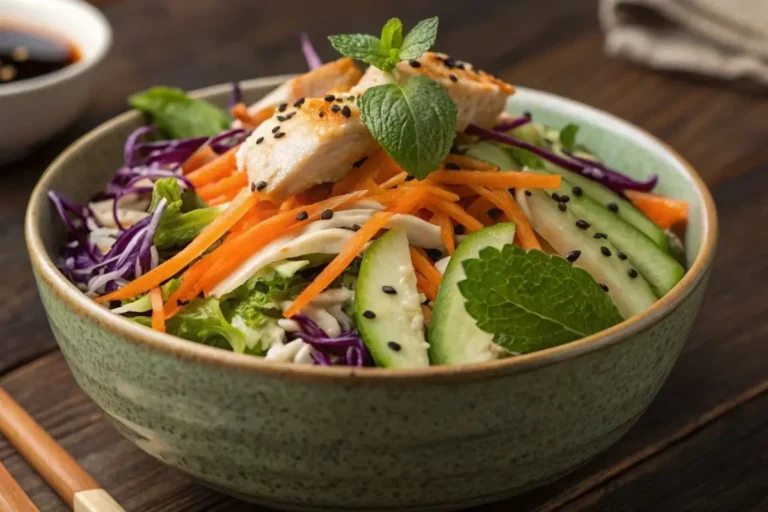 Vibrante salade asiatique avec chou, carottes, concombre, poulet grillé, coriandre, menthe et graines de sésame, servie dans un bol en céramique sur une table en bois foncé.
