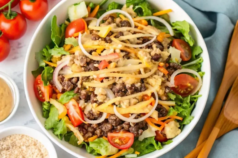 Salade Big Mac servie sur une assiette blanche avec viande hachée, cheddar fondu, salade iceberg, tomates, cornichons et sauce crémeuse.