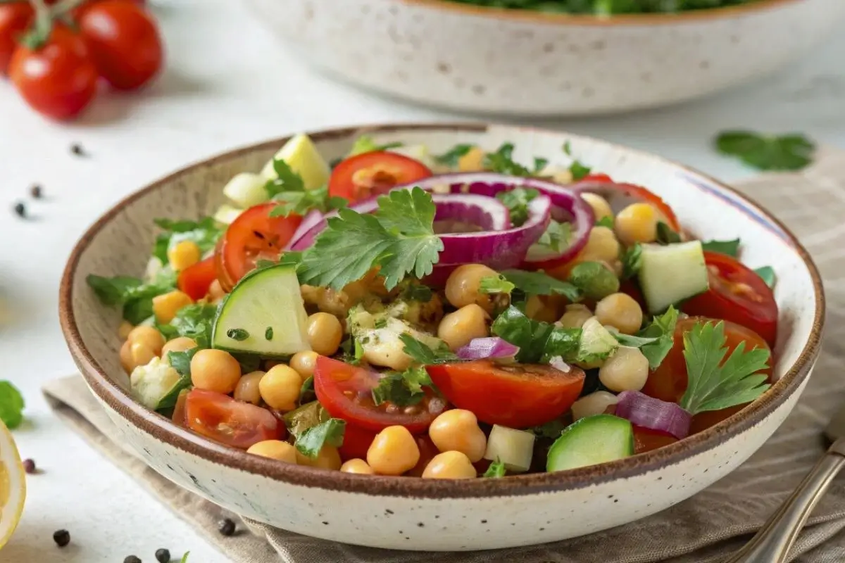 Salade libanaise de pois chiches avec des légumes frais comme des tomates, du concombre et des oignons rouges, garnie d'herbes fraîches comme le persil et la menthe, le tout servi dans un bol rustique avec une vinaigrette à l'huile d'olive et au citron.