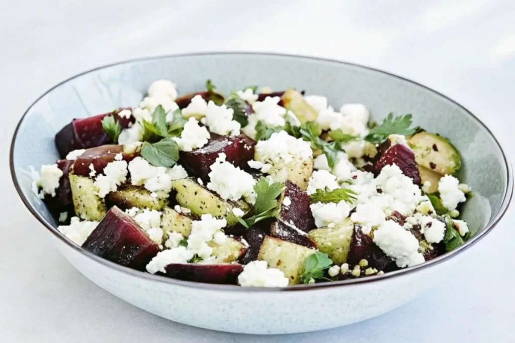 Salade de betteraves et feta garnie de persil frais, accompagnée d'une vinaigrette balsamique, servie dans un bol élégant, idéale pour un repas sain et coloré.