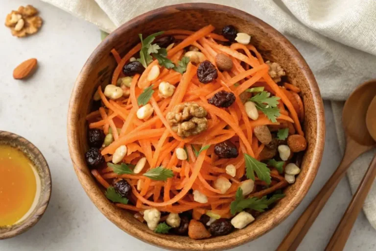 Salade de carottes râpées mélangée à des raisins secs, amandes et noix, avec un filet de miel pour une touche sucrée-salée.