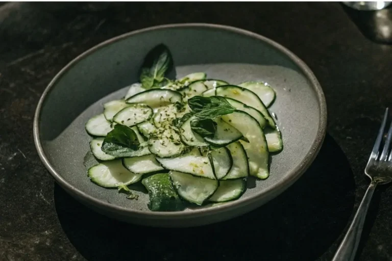 Salade de Concombre Fraîche et Gourmande servie sur une table rustique avec un verre d'eau citronnée.