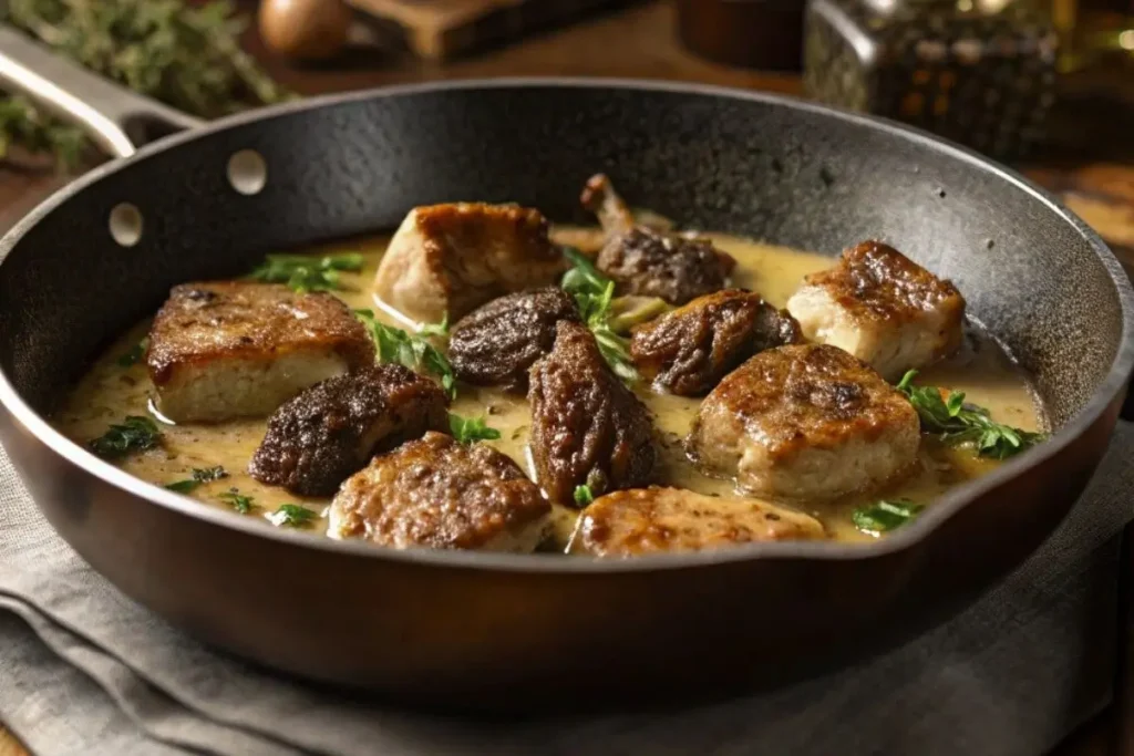Ris de veau et morilles sautés au beurre, grésillant à la poêle, capturant la texture dorée.