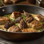 Ris de veau et morilles sautés au beurre, grésillant à la poêle, capturant la texture dorée.