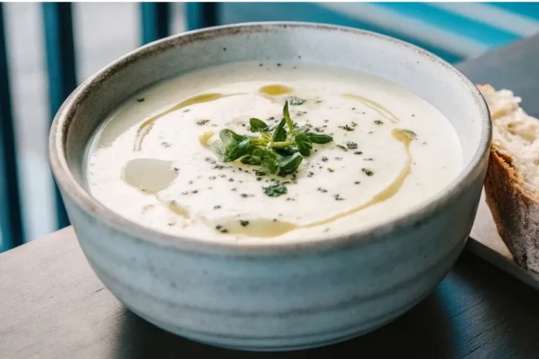 Bol de soupe poireau pommes de terre Thermomix crémeuse, garnie de persil et servie avec du pain croustillant sur une table en bois foncé