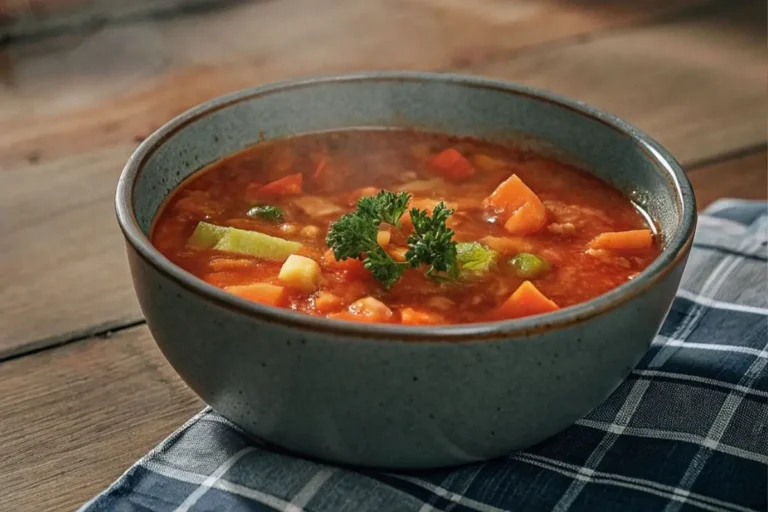 Soupe Aux Légumes Traditionnelle de Grand-Maman servie dans un bol confortable, garnie de persil frais et de légumes colorés.
