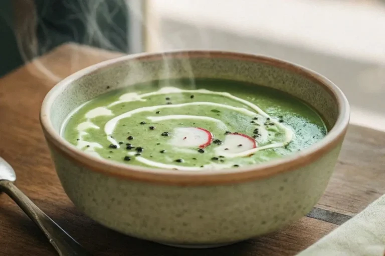 Bol de soupe aux fanes de radis crémeuse, garni de crème fraîche, poivre et tranches de radis, servi sur une table en bois avec du pain en arrière-plan.