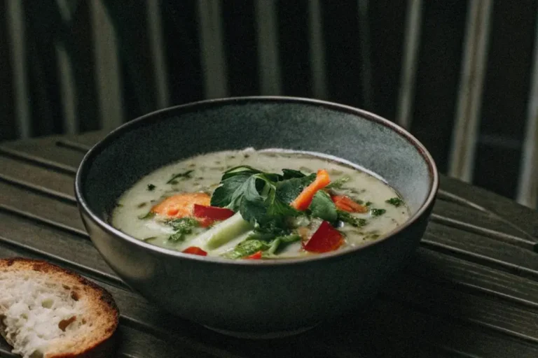 Bol de soupe aux légumes savoureuse, avec des légumes frais comme des carottes, du céleri et des tomates, garni d'herbes fraîches et accompagné d'une tranche de pain rustique.