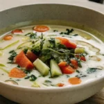 Bol de soupe aux légumes savoureuse, avec des légumes frais comme des carottes, du céleri et des tomates, garni d'herbes fraîches et accompagné d'une tranche de pain rustique.