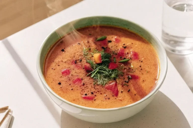 Un bol de soupe de légumes Thermomix crémeuse, garni de persil frais et d’un filet d’huile d’olive