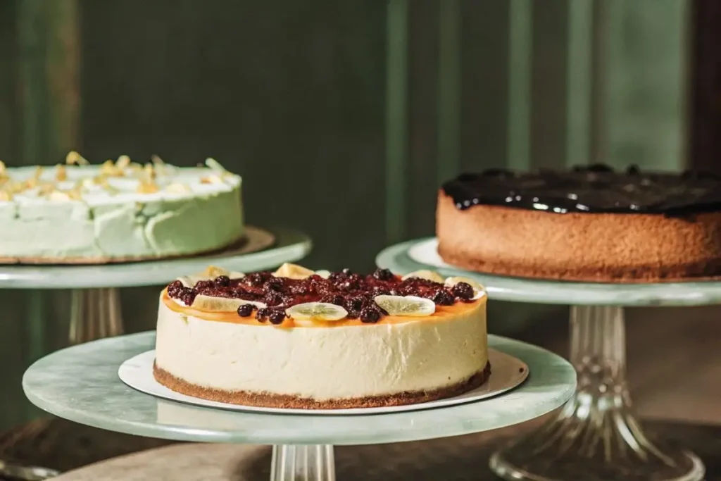 Trois versions de cheesecake Philadelphia : au citron avec zestes, au chocolat avec ganache, et aux fruits rouges avec coulis, joliment présentés sur des assiettes élégantes.