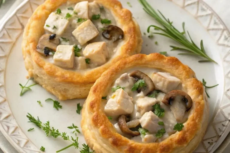 Vol-au-vent poulet maison avec une garniture crémeuse au poulet et champignons, décoré d'herbes fraîches sur une assiette élégante.