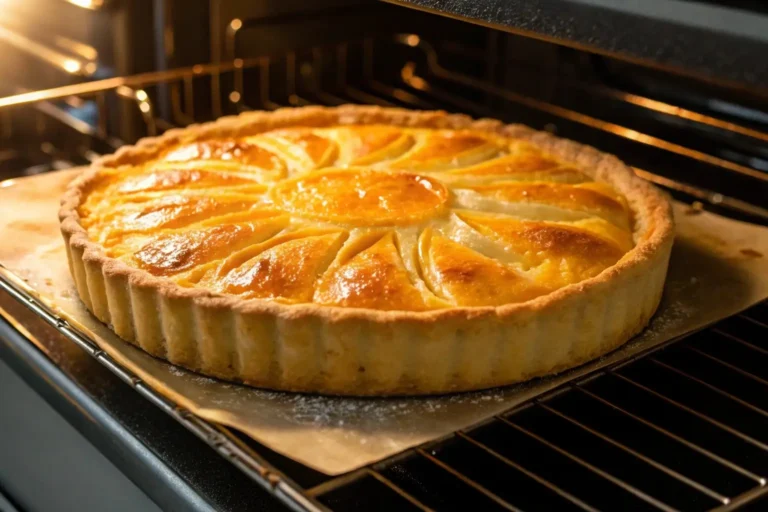 Tarte Soleil saumon dans le four, bien dorée et gonflée, avec une lueur de beurre fondu sur la croûte.