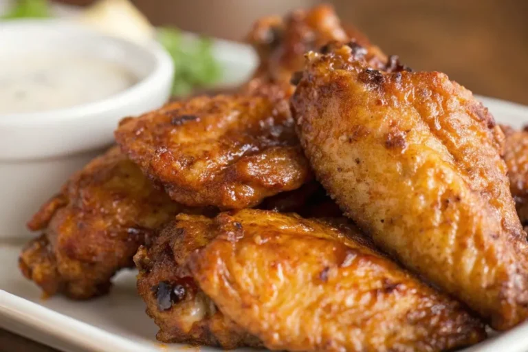 Ailes de poulet dorées et croustillantes cuites dans un air fryer, servies dans une assiette blanche.