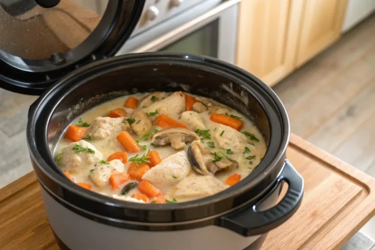 Blanquette de poulet au Cookeo, avec des morceaux de poulet et des légumes dans une sauce crémeuse.