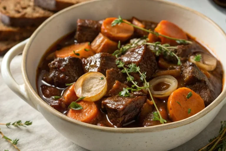 Bœuf Bourguignon De Grand-Mère servi dans une assiette rustique, avec une sauce onctueuse, des carottes, des champignons et du thym frais.