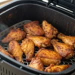 Ailes de poulet en train de cuire dans un air fryer, légèrement dorées et croustillantes.