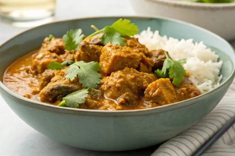Un plat de curry d'agneau servi dans un bol moderne, décoré de coriandre fraîche, accompagné de riz, sur une table lumineuse et contemporaine.