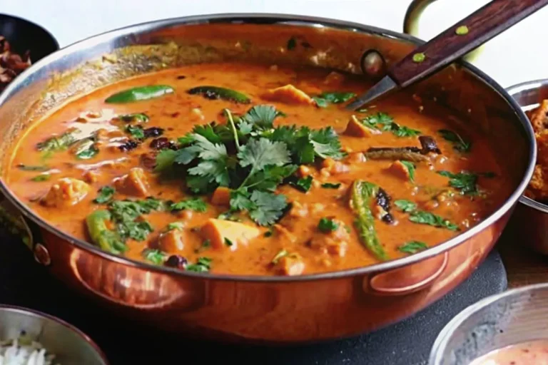 Un gros plan d’un curry de poisson crémeux et savoureux, avec une présentation moderne et lumineuse."