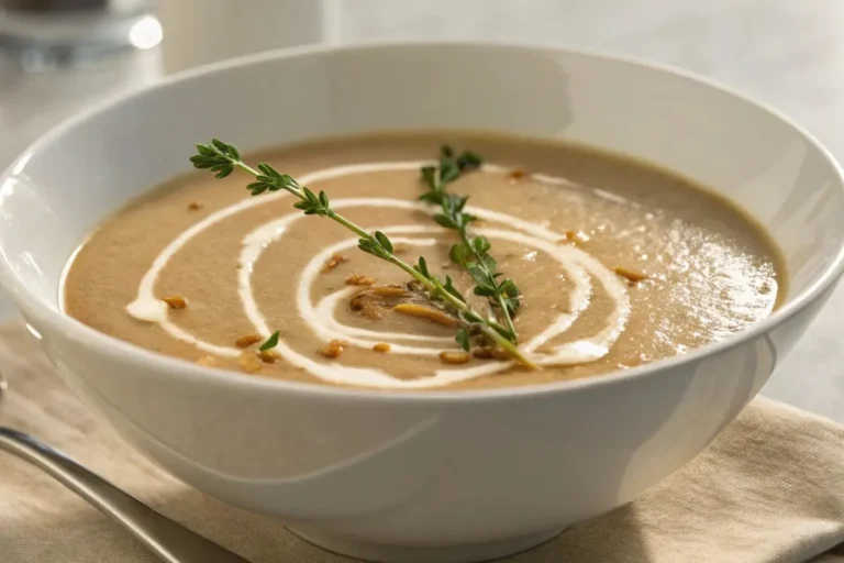 Bol de velouté de châtaigne crémeux et élégant, garni de crème et de thym, prêt à être dégusté.