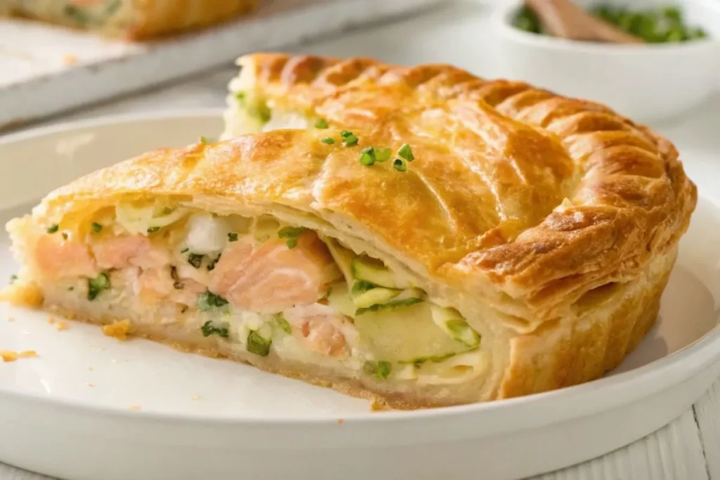 Gros plan sur un feuilleté saumon et poireaux doré et croustillant, posé sur une table blanche. La pâte feuilletée est légèrement fissurée, laissant entrevoir une garniture crémeuse.