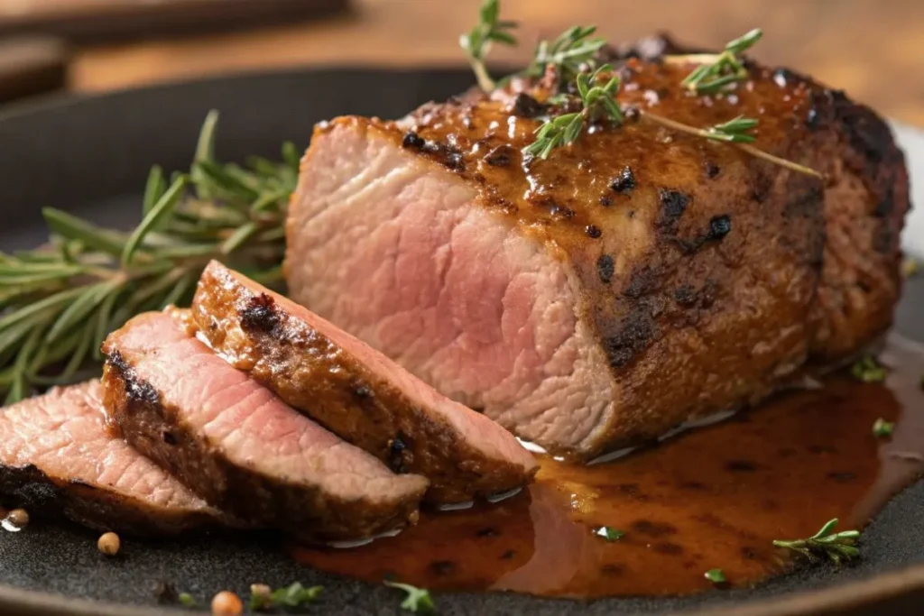 Gros plan sur un filet de bœuf parfaitement cuit, avec une croûte dorée et une chair tendre et juteuse. Présenté sur une assiette élégante avec une sauce onctueuse et des herbes fraîches.