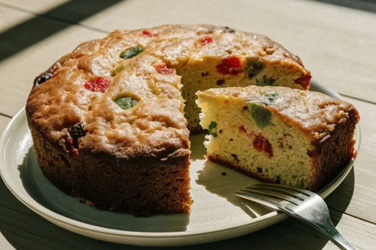 Gros plan d'un cake aux fruits confits fraîchement cuit, montrant son extérieur doré et les fruits colorés à l'intérieur, posé sur une table en bois avec une lumière naturelle douce.
