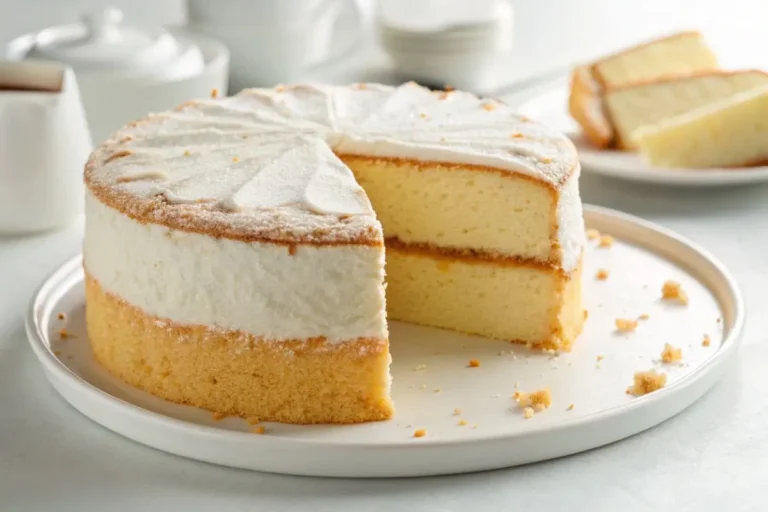 Gros plan sur un gâteau blanc extra moelleux avec une texture aérienne, posé sur une assiette blanche sur une table lumineuse.